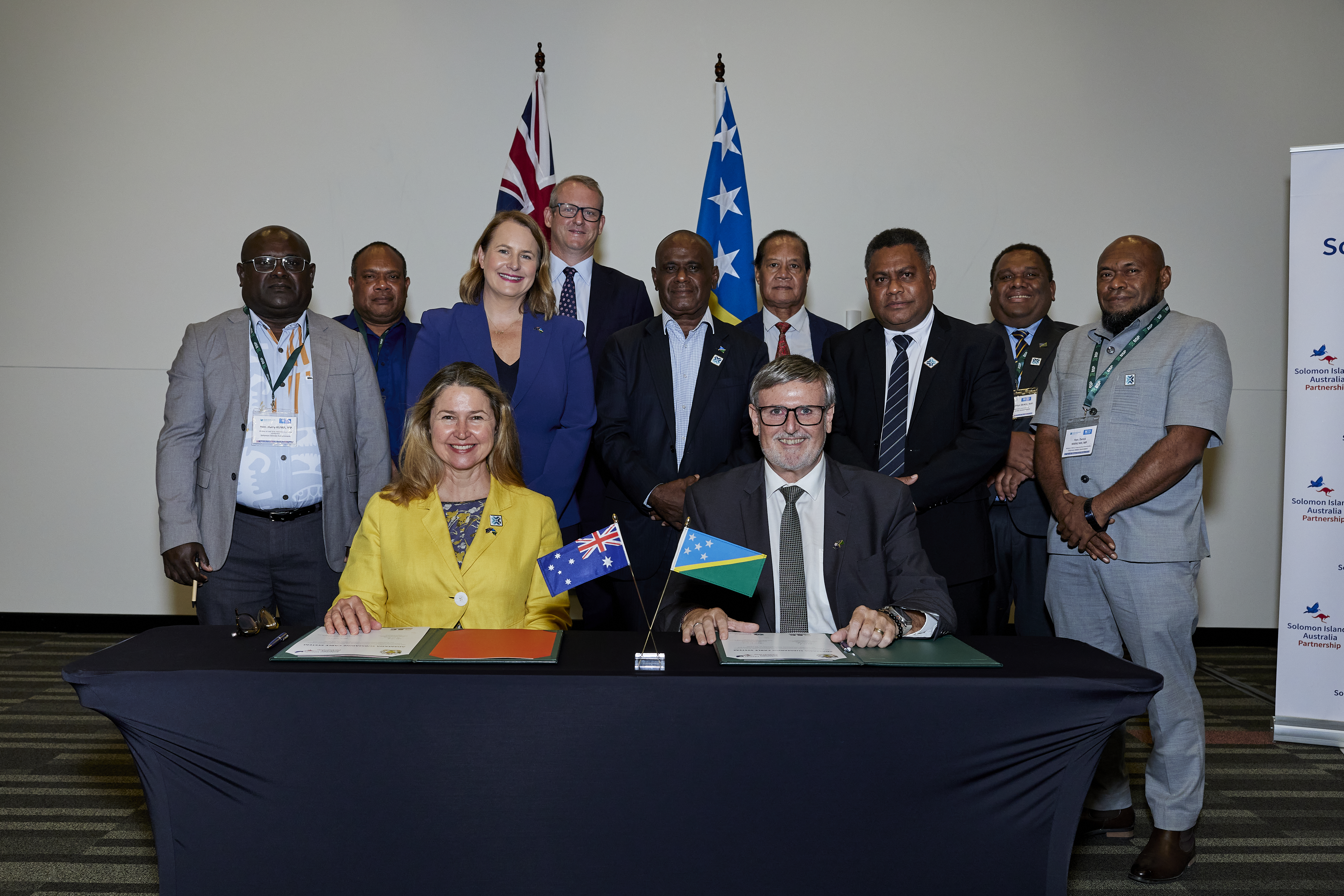 Adamasia Cable Launch - Group photo with  Prime Minister Manele and Solomon Islands Ministerial Delegation, Solomon Islands' High Commissioner HE Robert Sisilo, Australian High Commissioner HE Rod Hilton, CEO SISCC and AIFFP Representative
